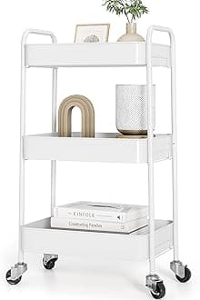 3-Tier Rolling Cart - Metal Utility Storage Organizer with Lockable Wheels, 33 lbs Per Shelf, Tool-Free 5-Min Assembly, for Kitchen Bathroom Office Nursery Craft Room, White