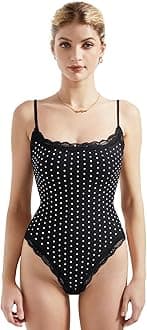 Women Square Neck Lace Bodysuit Sleeveless Spaghetti Strap Tank Top