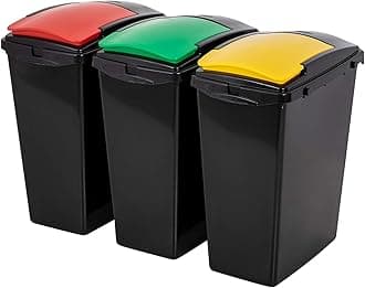 Addis 40 Litre Plastic Set of 3 Recycling 40 litre Waste Utility Bins, Black colour coded Lids Green, Red, Yellow