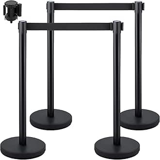 VEVOR Crowd Control Stanchion Set, Stanchion Set with 6.6 ft/2 m Black Retractable Belt, Black Crowd Control Barrier w/Concrete and Metal Base - Easy Connect Assembly (4)