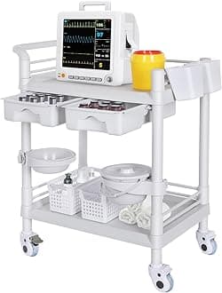 Mobile Medical Carts 2 Tier Utility Cart 330 LBS Max Load Rolling Crash Cart Professional Ultrasound Trolley Cart with Drawers Wheels Dirt Buckets Sharps Box Storage Basket for Hospital Dental Clinic