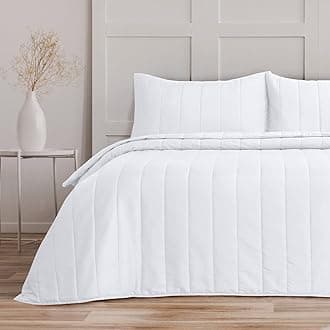 Bronwen Mathews Quilted Bedspreads King Size Tram Lines Pattern - 3Pcs White Quilted Throw Set 240x260cm Soft Microfiber Lightweight Coverlet with 2 Pillowcases 50x75cm for All-Season (White, King)