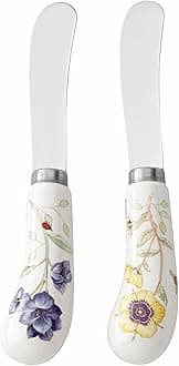 Lenox Silverware Set, Butterfly Meadow 2-Piece Spreader Set, 18/10 Stainless Steel, Dishwasher Safe, Porcelain Handles, Butter Knife, Cheese Spreader, Home And Kitchen Utensils Sets (Silver, 2 Piece)