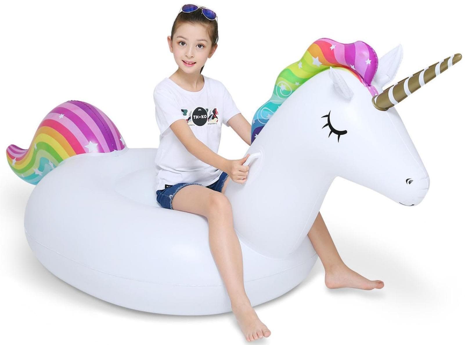Jasonwell Big Inflatable Unicorn Pool Float Floatie Ride On with Rapid Valves Large Rideable Blow Up Summer Beach Swimming Pool Party Lounge Raft Decorations Toys Kids Adults