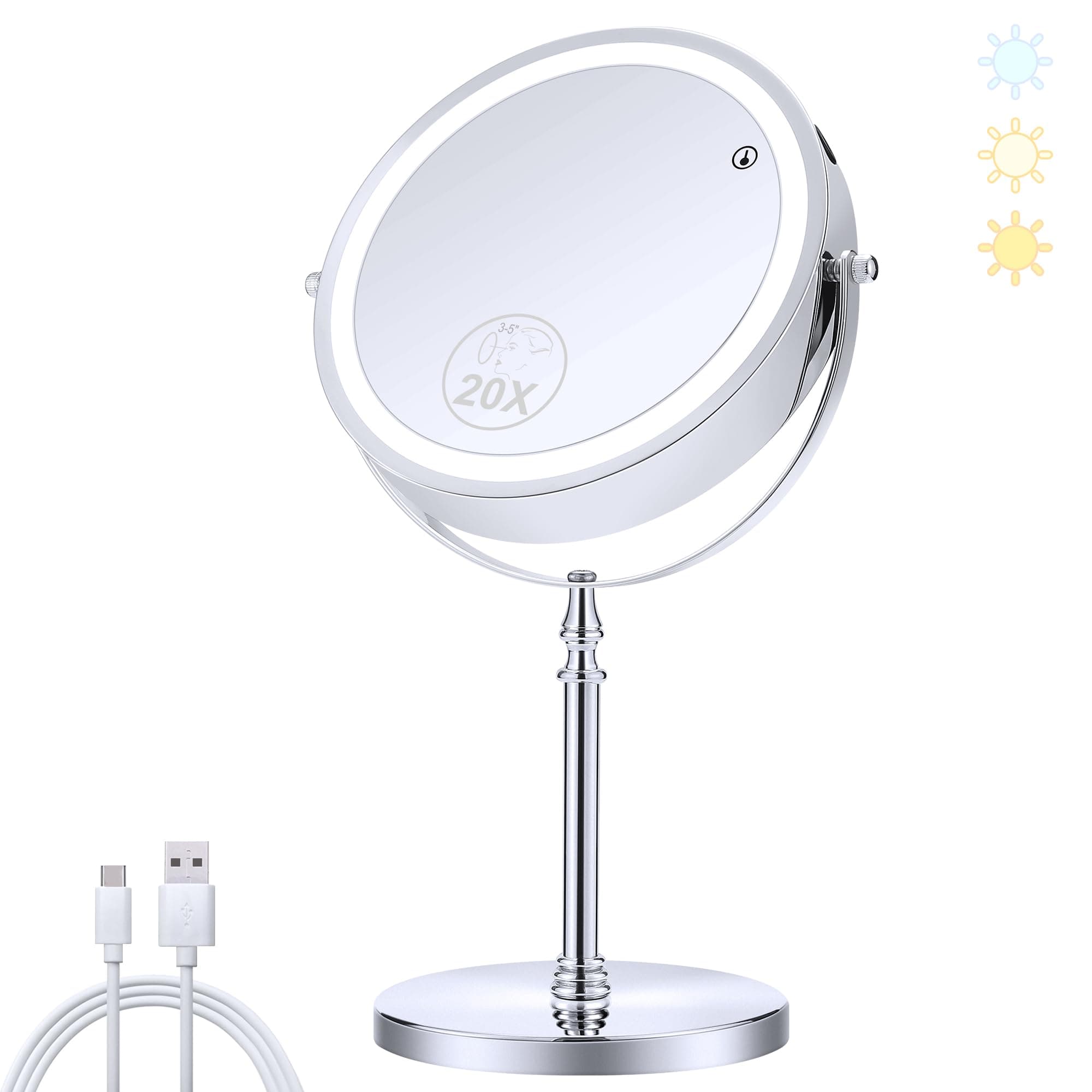 MIYADIVA Lighted Makeup Mirror, 20X Magnifying Mirror with Light, Double Sided Makeup Mirror with 20X/1X Magnification, 360°Rotation, 3 Colors Brightness Adjustable Vanity Mirror with 42 LEDs, 2000mAh