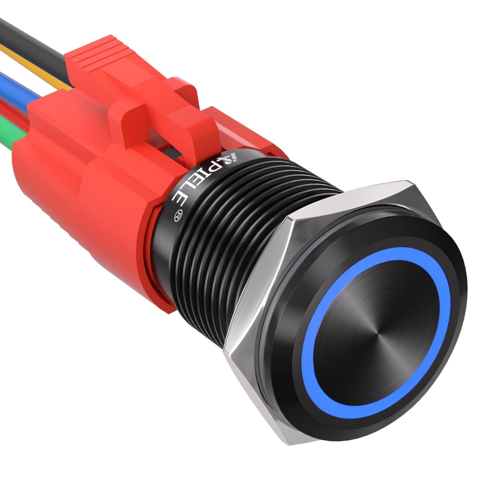 APIELE 16mm Latching Push Button Switch 12V DC On Off Black Shell with LED Angel Eye Head for 0.63" Mounting Hole with Wire Socket Plug Self-Locking (Blue/Black Shell)