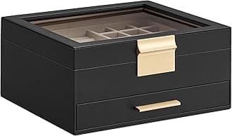 SONGMICS GISELLA Collection - Jewelry Box Organizer, 2-Layer Jewelry Storage with 1 Drawer, Shiny Metal Hardware, Glass Lid, Modern, 8 x 9.1 x 4.1 Inches, Ink Black and Gold Color UJBC174B01