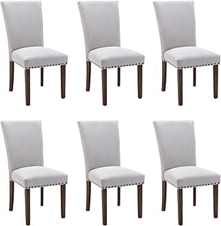 COLAMY Parsons Dining Chairs Set of 6, Upholstered Fabric Dining Room Kitchen Chair with Nailhead Trim and Wood Legs - Light Grey