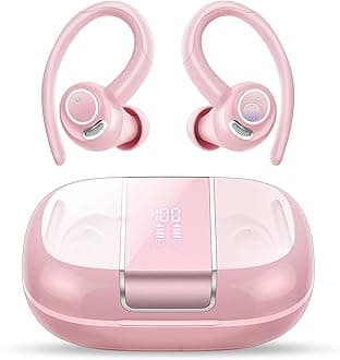 Wireless Earbuds Bluetooth 5.3 Headphones Sports, 48Hrs Playback Over Ear Buds with CVC8.0 Mic, Bass Stereo Bluetooth Earbuds with Earhooks, LED Display, IP7 Waterproof Earphones for Running Pink