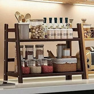 Kitchen Table Spice Rack, Household 2 Tier Mug Storage, Cabinet Coffee Cup, Mug Asphalt Shelf, Simple Bamboo Flower Holder Bookcase (Brown (Style-B), Large)