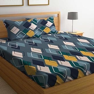 LOOMLYFE Cotton Feel Glace Cotton Elastic Fitted Printed King Size Double Bed Bedsheet with 2 Pillow Covers Fits Upto 8 inches Mattress,Size- 72x78x10 Inches, NavySquare