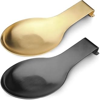 Stainless Steel Spoon Rest, Spatula Ladle Holder, Stainless Steel Utensil Spoon Rest Holder, Brushed Finish, Dishwasher Safe 9.8 x 3.7 Inch (Gold + Black, 2PCS)