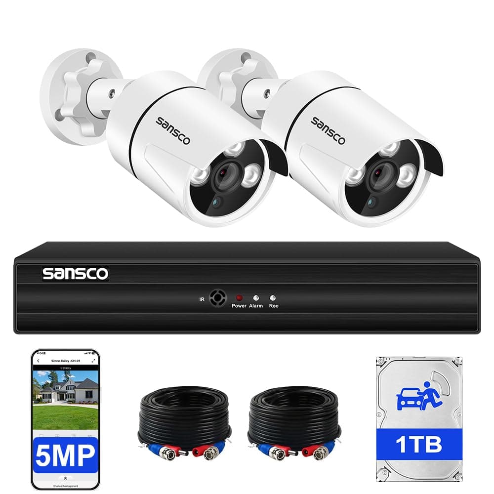 SANSCO 5MP 4 Channel Wired CCTV Security Camera System, 4CH DVR with 1TB Hard Drive, 2x 3K Home Outdoor Surveillance Cameras, Color Night Vision, Audio Recording, Human Face Vehicle Detection, P2P