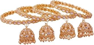GC PREMIUM JEWELLERY Traditional Gold-Plated Kundan Bangles with Pearl Jhumka, Set of 4