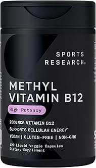 Sports Research® Vitamin B12 as Methylcobalamin 2000mcg - Plant Based B12 w/Coconut MCT Oil for Energy Metabolism Support - Vegan Certified · Non-GMO · Gluten Free - 120 Liquid Caps