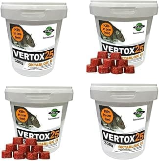 Rat Mouse Mice Killer Single Feed Brodifacoum Poison Bait Fast Acting Blocks All Weather Cost Effective Rodent Control VERTOX 25 OKTABLOK II 300g Tub (Pack of 4)