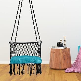 Patiofy Cotton Hammock Premium C Shape Swing Chair with Blue Cushion (Black)