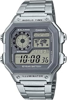 Casio AE1200WH Series | Men’s Digital Watch | 100M WR | Multi Alarms | 100 SEC Stopwatch | Countdown Timer | World Map for World Time | LED Light | LC Analog Display | 10 Year Battery