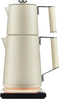 Saki Turkish Tea Maker Machine Pro, Electric Double-Pot Teapot 1.75L 120V, 120 Min Keep-Warm, Stainless Steel BPA-Free, Auto Shut-Off & Boil-Dry, LED Brew Ring, Pearl White