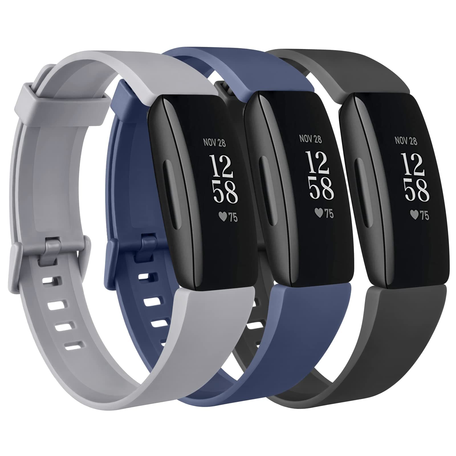 3 Pack Silicone Bands Compatible with Fitbit Inspire 2 & HR, Soft Sport Replacement Wristbands for Women & Men (Black+Navy Blue+Gray, Large)