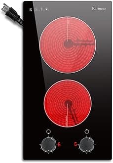 110V Electric Cooktop 2 Burners Electric Stove 12 Inch Knob Control Countertop & Built-in Ceramic Cooktop, 9 Heating Level, Hot Warning, Over-Temperature Protection(Black Knob)