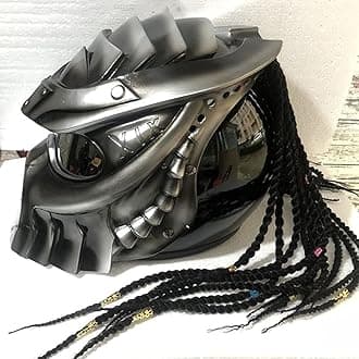 Predator Motorcycle Helmet, Full Face Helmet Mask with Hair Braid and LED Light for Outdoor Riding Or Club Parties, and Cosplay Prop, DOT Certified,Thin Braids,M