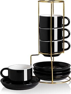 Sweejar Porcelain Espresso Cups with Saucers, 4 Ounce Stackable Cappuccino Cups with Metal Stand for Coffee Drinks, Latte, Tea - Set of 4 (Black Gold Stand)