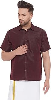 VASTRAMAYMen's Silk Blend Ethnic Shirt - Half Sleeves, South Indian Traditional Shirt for Weddings, Festivals, & Casual Wear