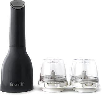 FinaMill's Award Winning Battery Operated Salt and Pepper Grinder Set - Adjustable Coarseness, Ceramic Powder Element, LED Light, 2 Quick Change Pods - Perfect for Home Cooking and Gifts