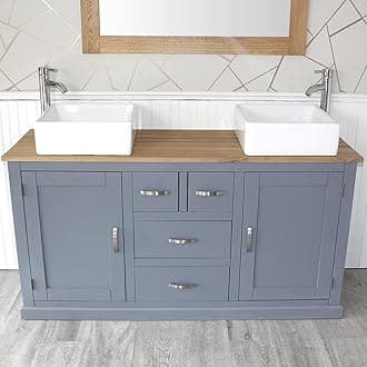 Wooden Bathroom Vanity Unit with 2 Ceramic Basins - Modern Bathroom Sink Cabinet with Drawers - Double Vanity Unit with Chromed Mixer Taps - Grey Painted - Square Bowl (603GCB035X2)
