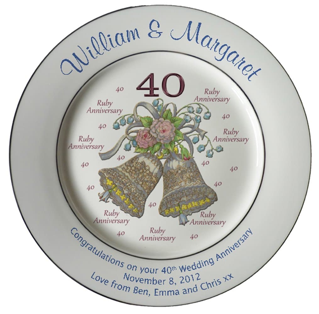 Heritage Pottery Personalized Bone China Commemorative Plate For A 40th Wedding Anniversary - Wedding Bells DesignWith 2 Silver Bands