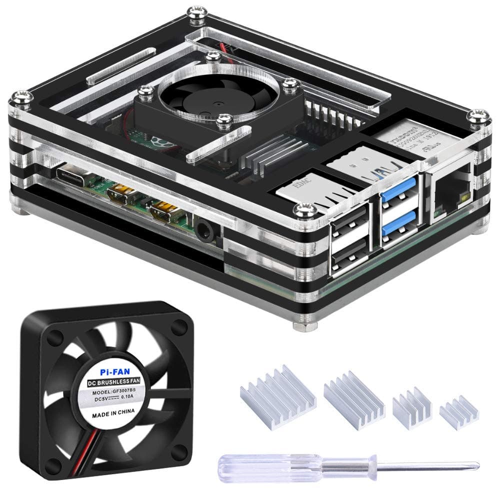 Acrylic Case for Raspberry Pi 4 Model B, with 30mm Fan and 4pcs Heatsinks for Raspberry Pi 4B (Only for Pi4) (Black and Clear)