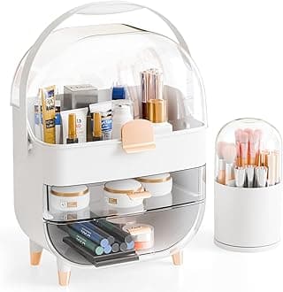 Yieach Makeup Skincare Organizer for Face Care Beauty Product,and Countertop Makeup Organizer with Cover,Make up Brush Holder,Large Capacity Cosmetic Storage Box & Caddy for Bathroom,Dresser,White