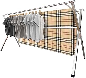 79in Premium Stainless Steel Clothes Drying Racks, Foldable and Adjustable Laundry Drying Rack Clothing for Indoor Outdoor, with 20 Windproof Hooks