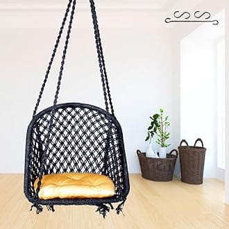 Patiofy D Shape Wooden Swing for Adults & Kids - Balcony/Home Cotton Jhula With Hanging Kit & Golden Cream Cushion - Black, 64 X 61 X 2.51 Cm