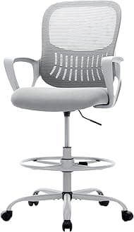 Sweetcrispy Tall Drafting Desk Chair - Ergonomic High Stool Computer with Adjustable Height and Comfy Lumbar Support, Office Rolling Counter with Flixed Arms and Footrest, Grey