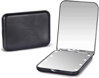 Kintion Pocket Mirror, 1X/3X Magnification LED Compact Travel Makeup Mirror with Light for Purse, 2-Sided, Portable, Folding, Handheld, Small Lighted Mirror for Gift, Black
