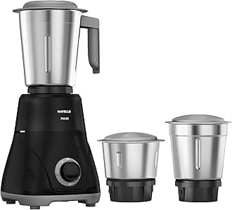 Havells Pulse 500 Watt Mixer Grinder|3 Stainless Steel Leak-Resistant Jars (400ml, 800ml, 1.2L)|3 Speed Control|Heavy-Duty ABS Body|Durable SS Blades|Air Vent Technology |1 Year Product Warranty|Black