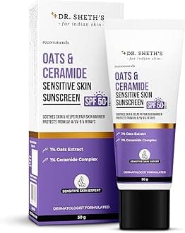 Dr. Sheth's Oats & Ceramide Sunscreen SPF 50+ PA++++ | Clinically tested In-Vivo, Non-Comedogenic & Patch Test | Oil-Free Sunscreen For Sensitive, Dry & Acne Prone Skin | Lightweight & No White Cast | Calming, Soothing & Non-Irritating | Strengthens Skin Barrier | Mineral Filters, Sun Protection From UVA/B/IR Rays | Men & Women | 50 g
