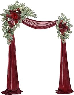 Artificial Wedding Arch Flowers Kit(Pack of 3),2Pcs Artificial Flower Arch Decor,1Pcs Sheer Drape for Wedding Ceremony Arbor for WeddingCeremony (Wine red Memory)