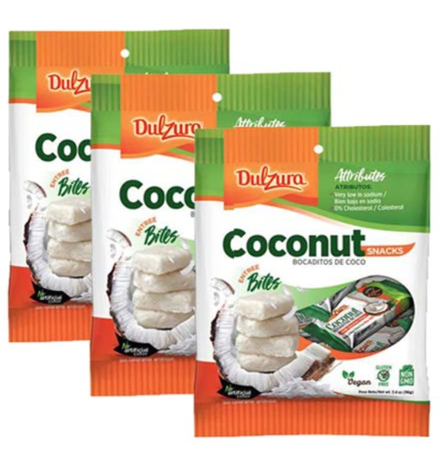 Kit: Vegan Coconut Bites Snack Bars (3 Pack) 3.4oz Each Bag - Non GMO Gluten Free + (1) Limited Edition Puerto Rican Sticker by Artist Jose Hoffman
