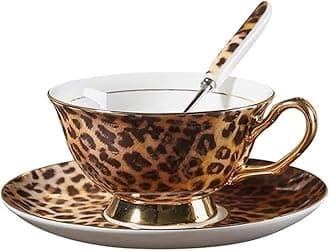 – YBK Tech Euro Style Bone China Cup & Saucer Set, 200 ml Coffee Cup for Home Kitchen Wedding (Leopard Print)