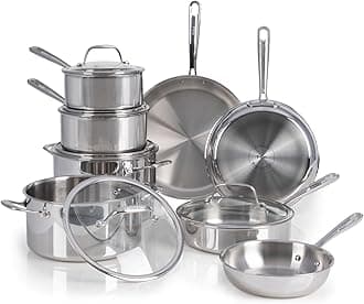 T-fal Pro Tri-Ply Stainless Steel Cookware Set 13 Piece, Induction Compatible Oven Safe 500F, Lids 350F, Fast & Even Heat, Professional Quality & Durability, Pots and Pans Set, Dishwasher Safe, Silver
