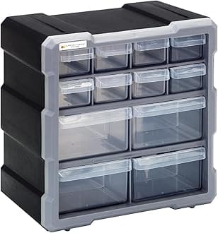Quantum Storage PDC-12BK Clear Plastic Parts Storage Hardware and Craft Drawer Cabinet, 12 Drawers