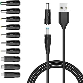 Powseed 5V DC Power Cord, USB to DC Plug Charging Cord with 10 Adapter Plugs to Charge LED Pixel Light, USB-HUB, Mini Fan, Camera, Cartoon Watch, Mobile Phone