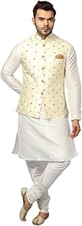 Men's Silk Blend Regular Kurta Churidar Pyjama with Bundi Nehru Jacket/Waistcoat
