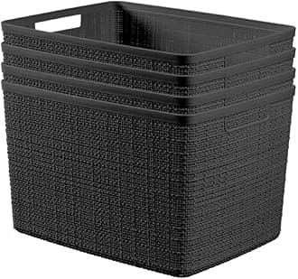 Curver Set of 4 Large 20L Jute Decorative Plastic Organization and Storage Baskets - Perfect Bins for Home Office, Closet Shelves, Kitchen Pantry and All Bedroom Essentials, Black