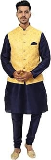 Uri and MacKenzie Men's Silk Blend Regular Kurta Churidar Pyjama with Bundi Nehru Jacket/Waistcoat