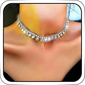 JEAIRTS Rhinestone Choker Necklace Silver Diamond Row Necklaces Sparkly Crystal Prom Jewerly for Women