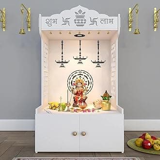 Timeless Wooden Templ/Mandir for Home with Spacious Shelf Inbuilt Focus Light, 46 Centimeters, 109 CM Generous Size White